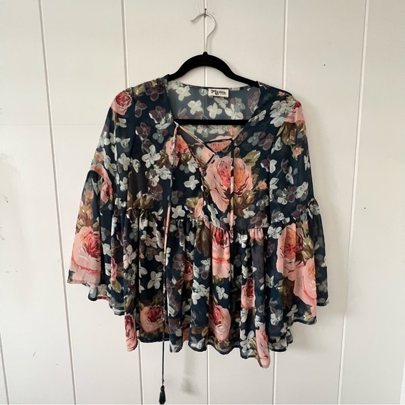 Show Me Your MuMu Poet Tie Floral Flower Chiffon Blouse Navy XS - Picture 3 of 10
